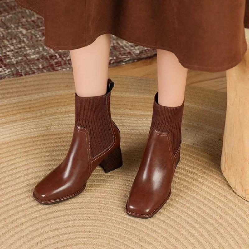 Women's Heeled Shoes Knitwear Womens Ankle Boots Comfortable Warm Women Shoes Thick Heels Office Pumps New Zapatos Mujer