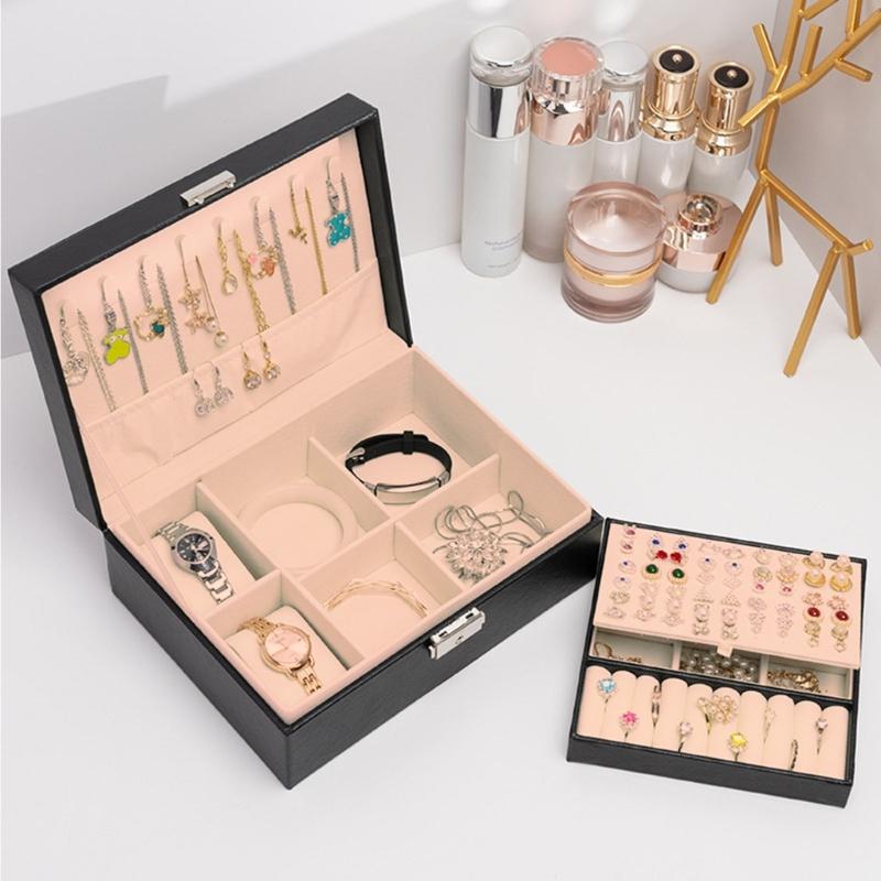 Elegant Double Layer Jewelry Case Portable PU Leather Storage Box Suitable for Rings Earrings Bracelets and Necklaces