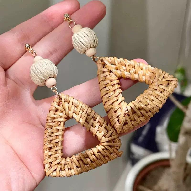 Bohemian Bamboo Rattan Seashell Tassel Earrings for Women