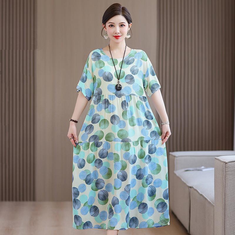 Women's Mid-length Dress,summer Dress for Mothers,cotton Silk Knee-length Dress,middle-aged Women's Dress,plus-size Short-sleeved Beach Dress Women