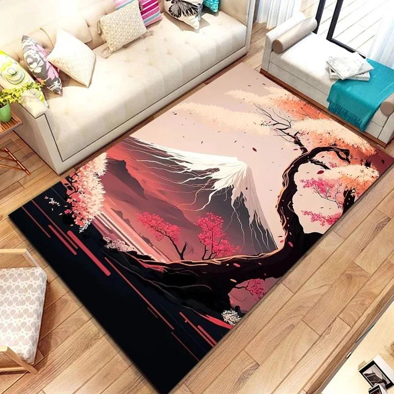 3D Japanese Cherry Blossom Floor Mat with Mount Fuji Design Large Soft Carpet for Kids' Bedroom Stylish Rug for Living Room