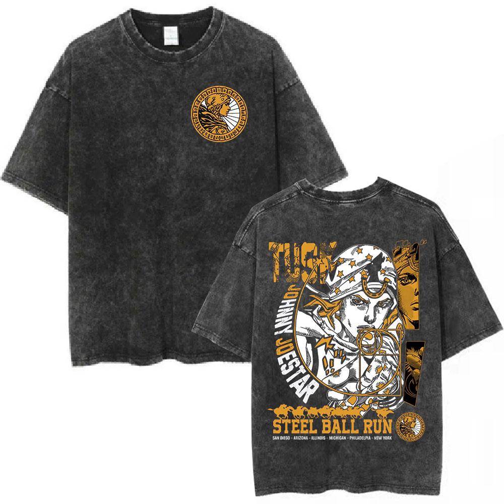 Vintage Washed Anime Jojo Bizarre Adventure T-shirt Giorno Giovanna Manga Graphic T-shirts Men's Clothing Cotton Casual T Shirts