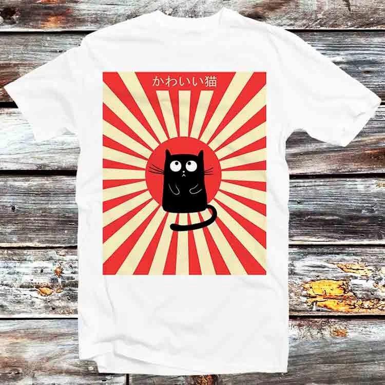 Kawaii Unisexeki Neko Cat Kuro Japan Rising Sun T Shirt B1188