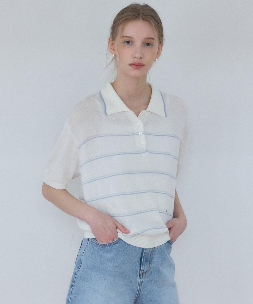OURHOPE Linen Striped Collared Half Sleeve Knit - Ivory