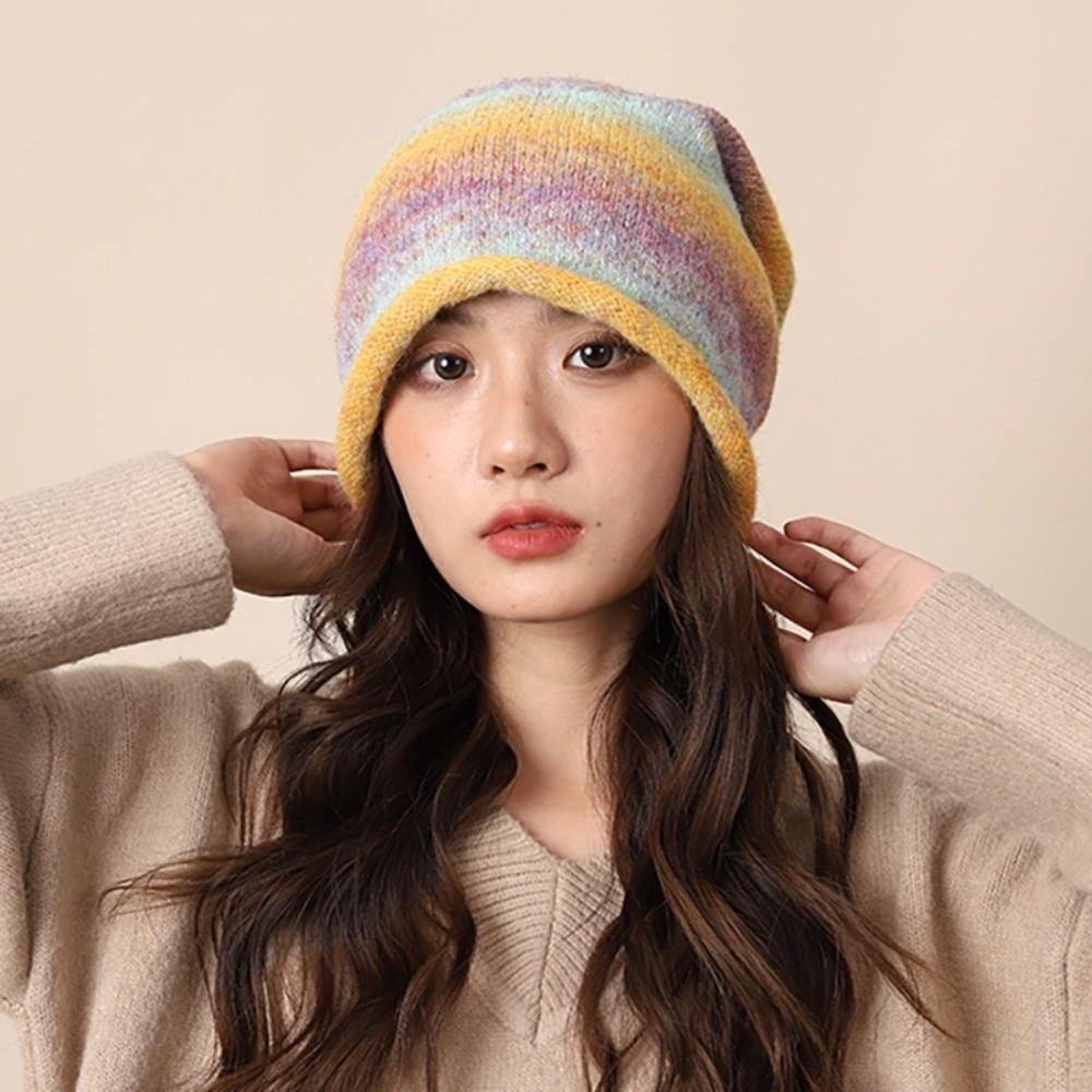 Gradient Color Bonnet Hat Knitted Drawstring Slouch Hat Fashion Beanies Skullies