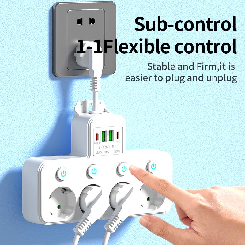 EU Plug Adapter with Multiple AC Outlets & Independent Switches – Optional USB & Type-C Ports