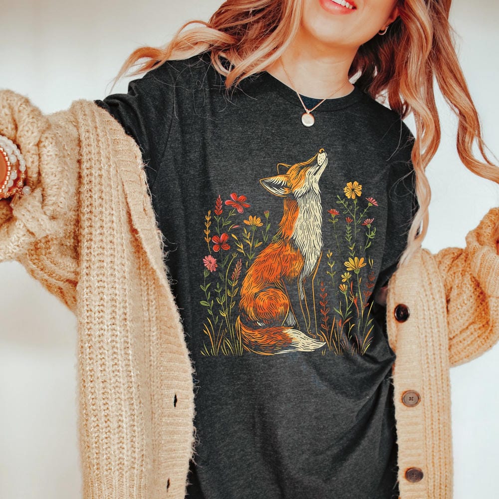 Vintage Wildflower Fox Comfort Shirts Light Academia Cottagecore Forestcore Whimsical Shirt Casual Daily Y2K Top Streetwear