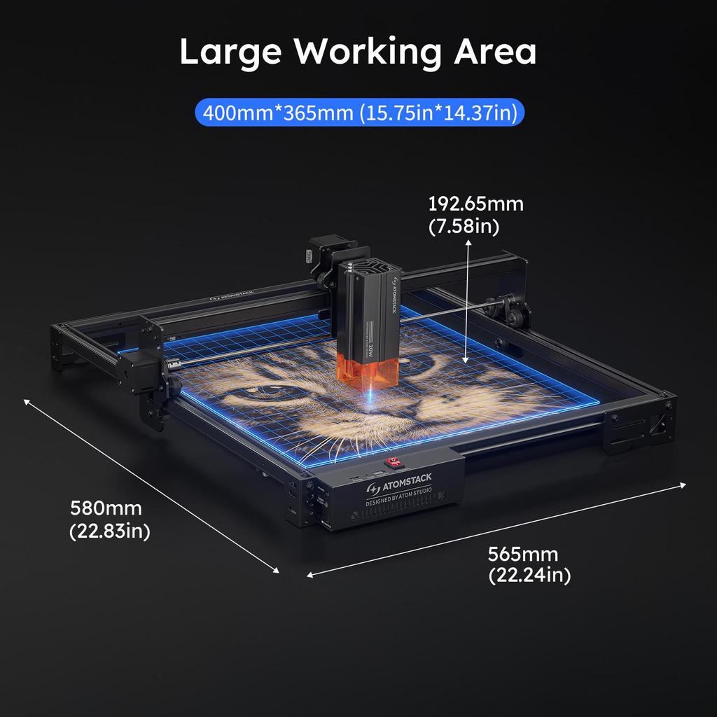 ATOMSTACK A20 PRO V2 20W Laser Engraving Machine, 0.08 × 0.10 Mm Laser Spot, 400 × 365 Mm Working Area, 400mm/s Speed, 0.01mm Precision Engraving
