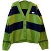 Green Jacket Cardigan Women Autumn Loose Striped V-Neck Comfortable Top Stretchy Casual Versatile