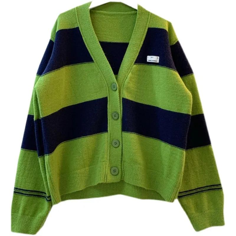 Green Jacket Cardigan Women Autumn Loose Striped V-Neck Comfortable Top Stretchy Casual Versatile