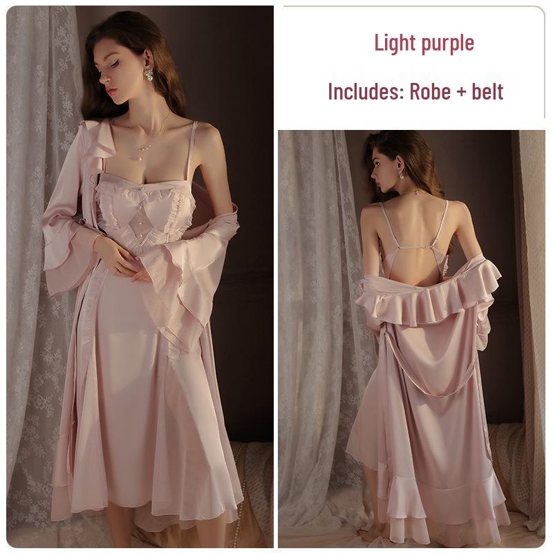 Rose Sweet Lingerie Set: Padded Camisole Dress with Tie-Front Robe
