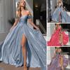 Women Evening Dress Off Shoulder Bandeau Backless Sleeveless Backless Shiny Sequin Split Hem A-line Big Swing Prom Party Maxi Dress Ball Gown