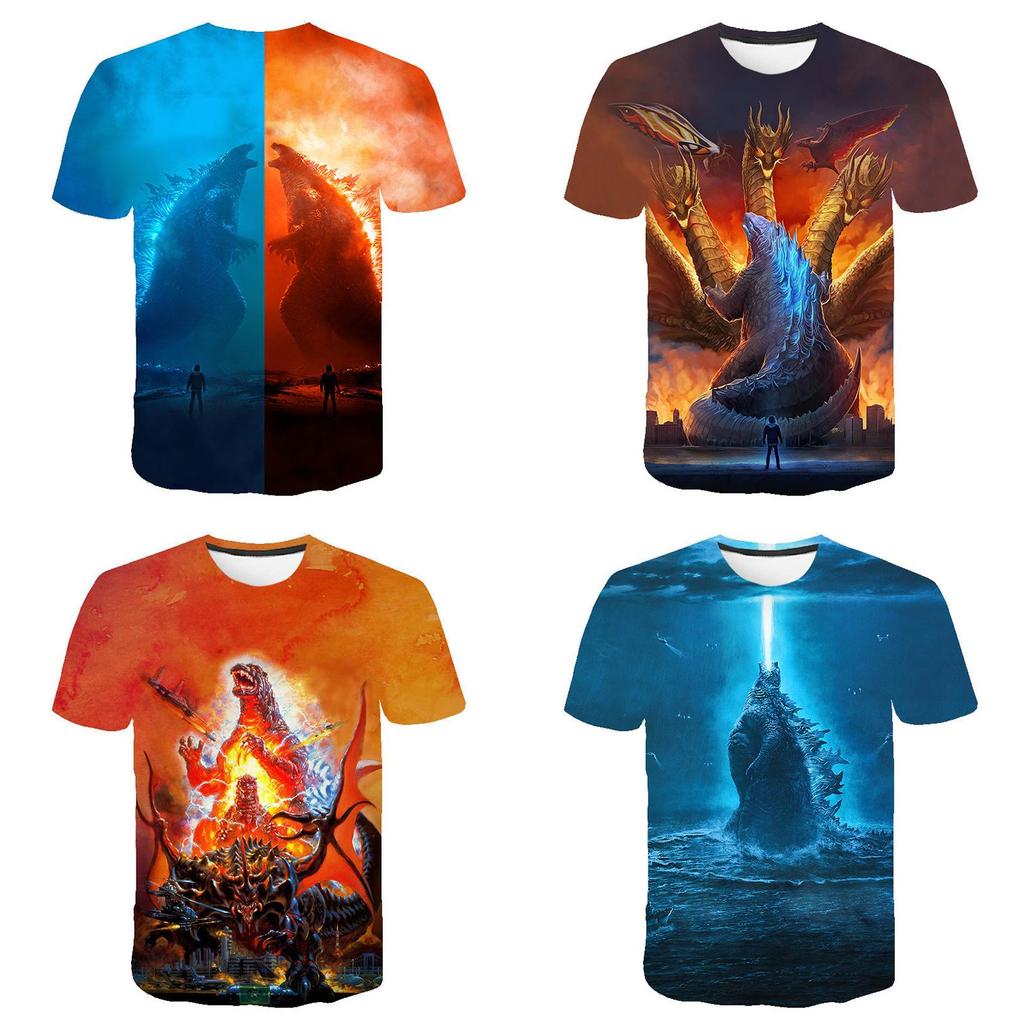 Farbenfrohes 3D-Druck-Godzilla-König-der-Monster-Unisex-Freizeit-Kurzarm-T-Shirt