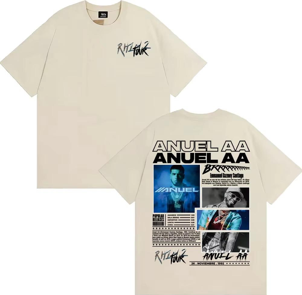 Camisetas de gira del álbum Rapper Anuel AA Rhlm 2 Primavera Verano 2026 Moda Masculina Hip Hop High Street Cuello Redondo Manga Corta Top Unisex