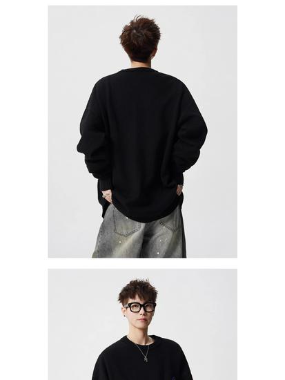 Men's Trendy Black American Floral Embroidered Crewneck Sweater – Autumn Loose Fit, Versatile Casual Top