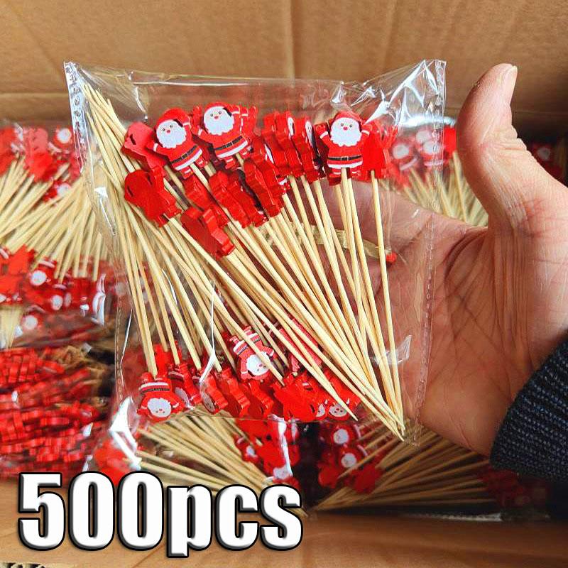 50 Pièces/ensemble Bâtonnets de Fruits de Noël Bâtonnets en Bambou Jetables Flocon de Neige Arbre de Noël Élan Père Noël Bonhomme de Neige Bâtonnets Ornements de Noël