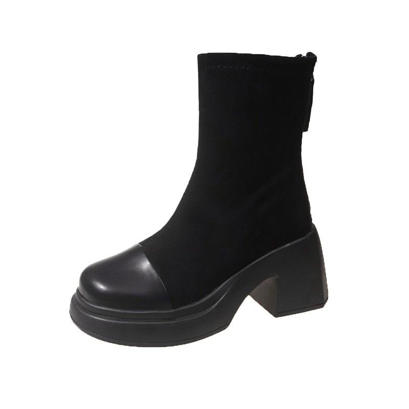 Retro Shoes, Thick-soled New Versatile Women's Ankle Boots, Chunky Heels, Slimming Stretch Boots