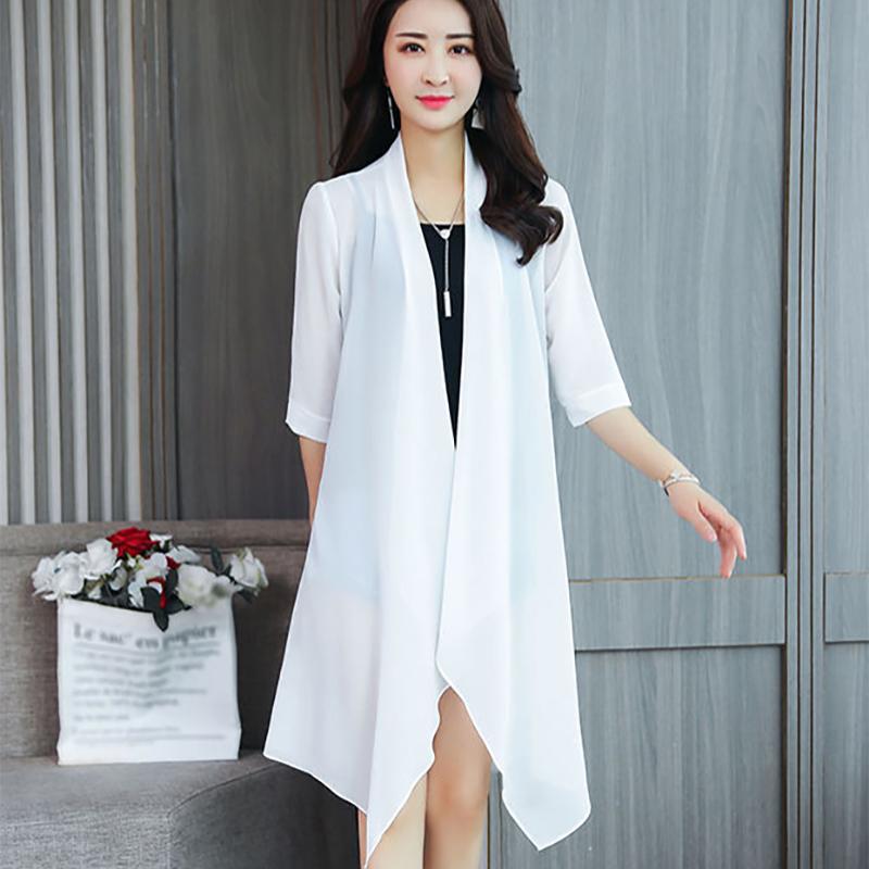 Summer Chiffon Shirt Medium Length Ultra Thin Coat Women's Sunscreen Shirt Air Conditioning Shirt Solid Color Shawl Cardigan