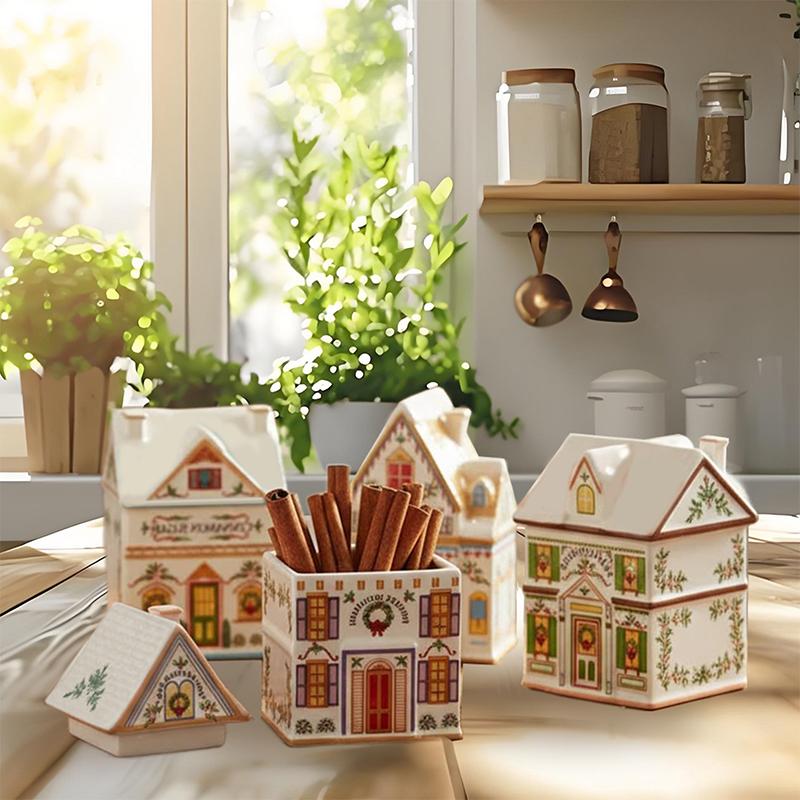 Holiday Village Spice House Set, Mini Christmas Gingerbread Houses Jars, Festive Decor Kitchen Countertop Christmas Candle