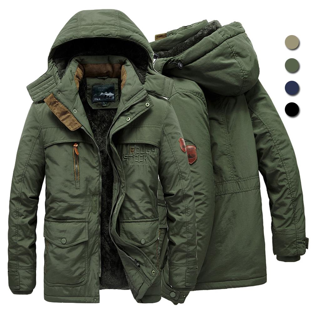 Große Herren-Winterjacke mit mehreren Taschen und Fleecefutter, Parka-Mantel mit Kapuze, Windjacke, dicke, warme Oberbekleidung