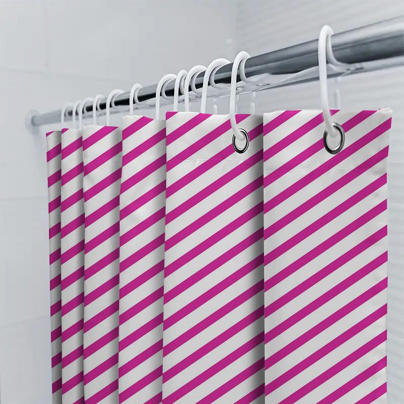 Pink and White Striped Shower Curtain Waterproof Fabric Bathroom Decor Hanging Accessory for Bathtub or Toilet Area One Size (W1