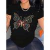 European Size Womens Butterfly Print Crew Neck T Shirt Short Sleeve Casual Top Spring Summer Wear