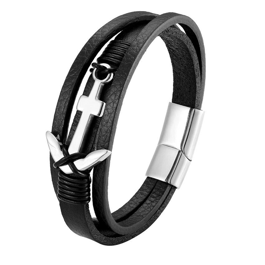 Modieuze Trendy Sieraden Echt Leer Polsband Mannen Meerlaags Anker Armbanden Dames Roestvrij Staal Mannen Armbanden Klassieke Sieraden Trendy Pols