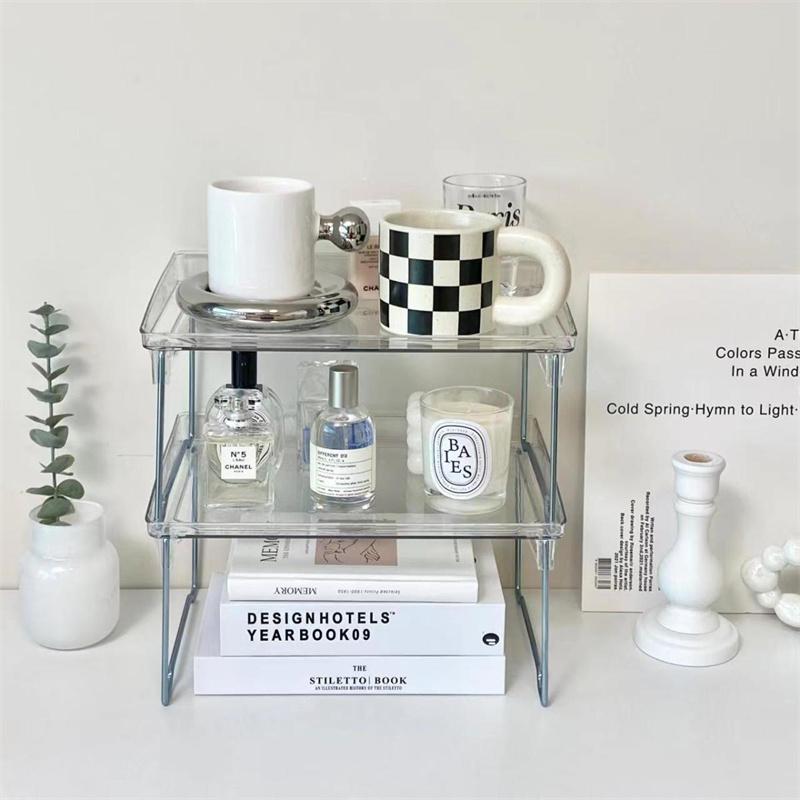 Foldable Transparent Double Desktop Acrylic Shelf Cup Rack Kitchen Bathroom Cosmetic Sundry Shelf