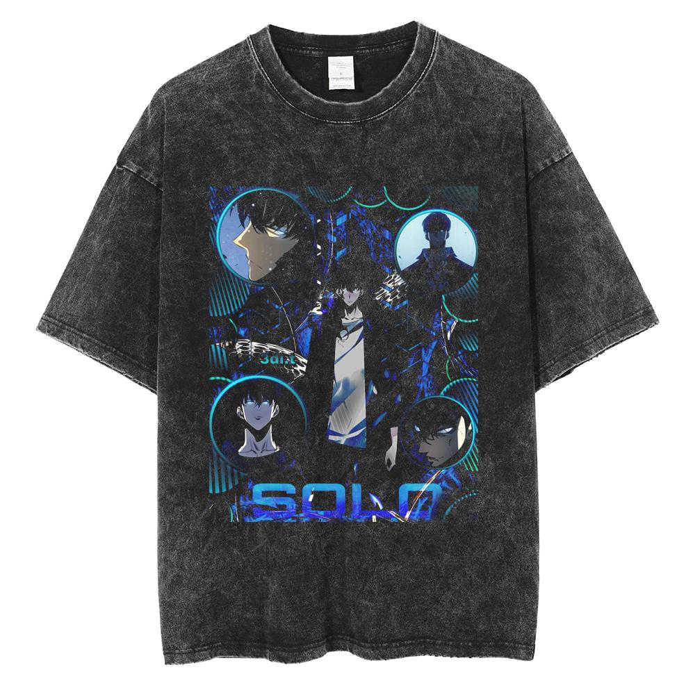 Men's Women's Vintage Washed Cotton T Shirt Streetwear Anime Solo Leveling Graphic Print Tops Loose Short Sleeve Tees