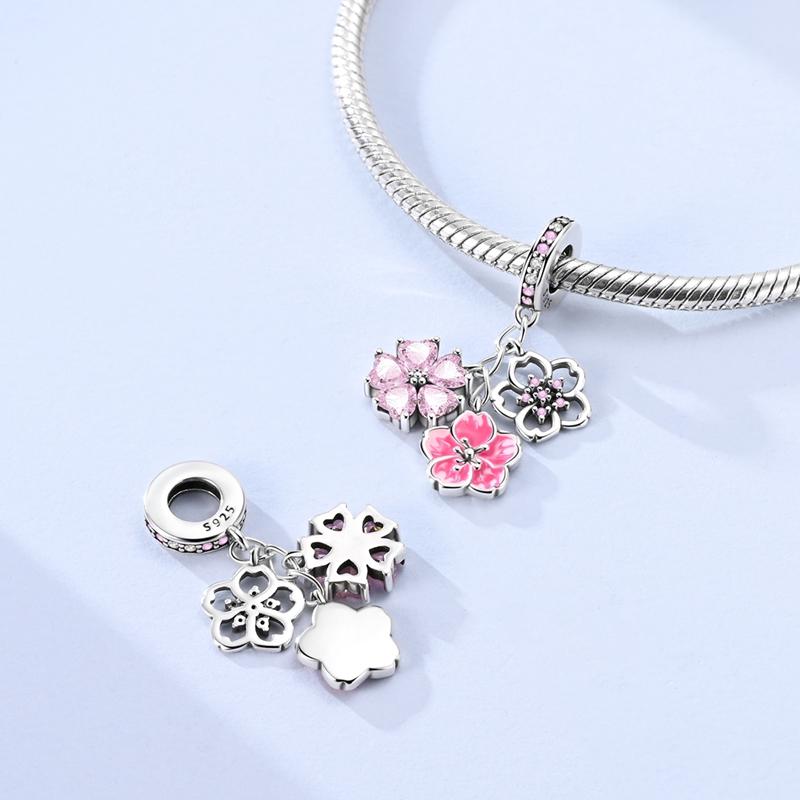 Copper Metal Romantic Pink Cherry Blossoms Pendant Bead Component Designed Authentic Original Bead Components Designed For High Quality Fine Jewelry