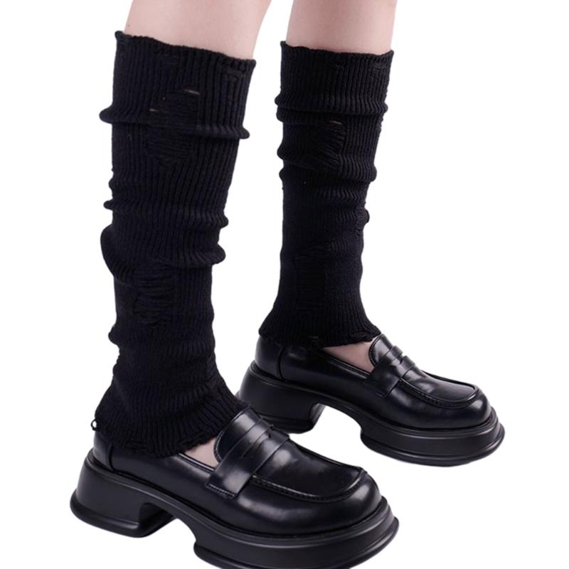 Ribbed Knitted Leg Warmers Y2K Harajuku Hollow Distressed Ripped Solid Color Leg Covers Stretchy Long Socks for Women