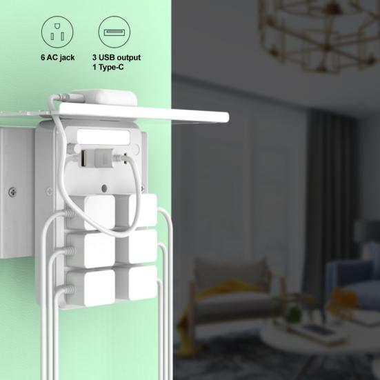 Multiprise Murale avec Étagère Hub de Charge Universel Économiseur d'Espace Protection Surtension Bloc Multiprise avec Ports USB Prise Murale