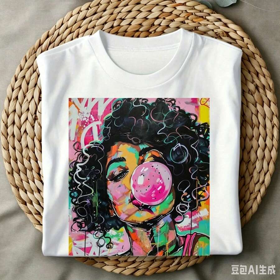 Funky Weekend Vibes Pop Art Curly Hair Girl Blowing Bubble Gum Print Unisex Casual Crewneck Graphic Tee Streetwear Daily Vacation