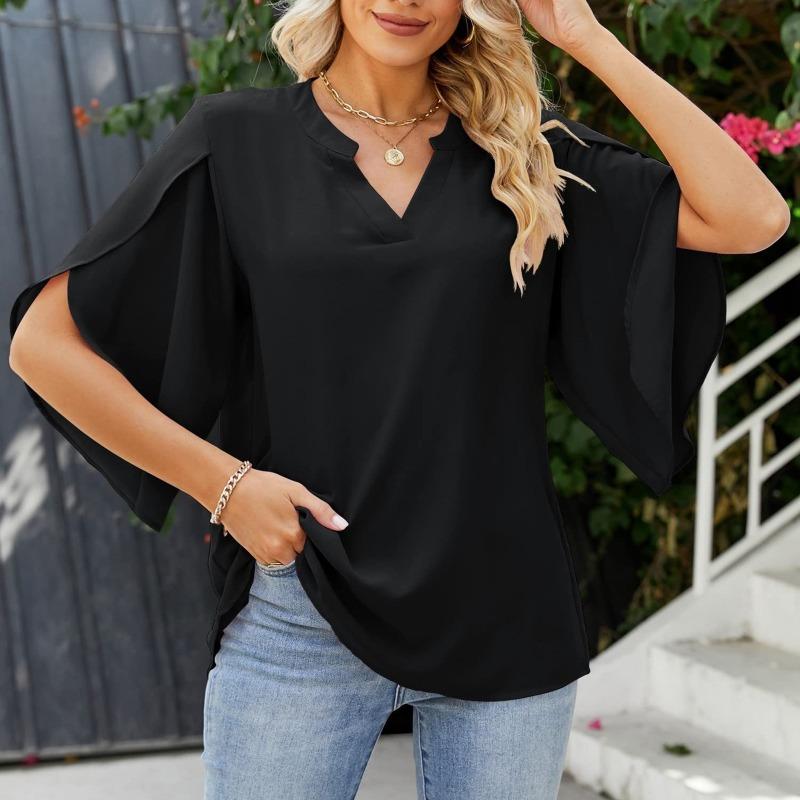 IHUASU Women's Fashion Casual Solid Color Print Short Sleeve V Neck Blouses & Shirts