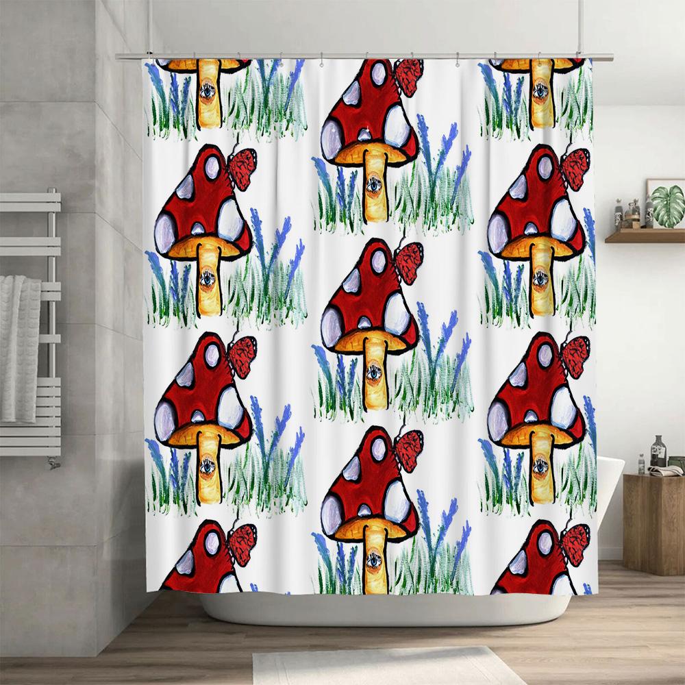 Hand-Painted Mushroom Shower Curtain Set Waterproof Bathroom Decoration Customizable Size Available Decorative Kitchen Towel, Te