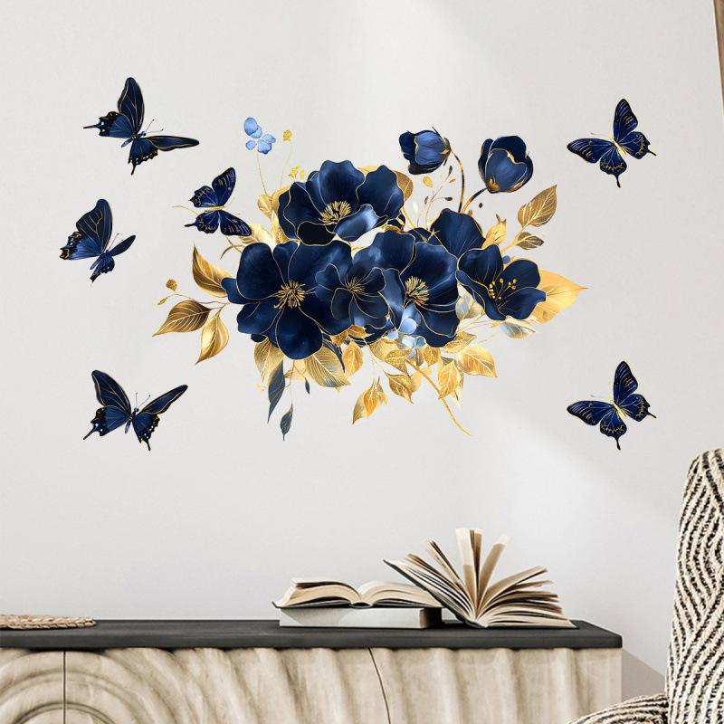 Blauer floraler Schmetterling Wandaufkleber Selbstklebend Heimdeko für Wohnzimmer Schlafzimmer Badezimmer Eingang Hintergrund Abnehmbarer Aufkleber