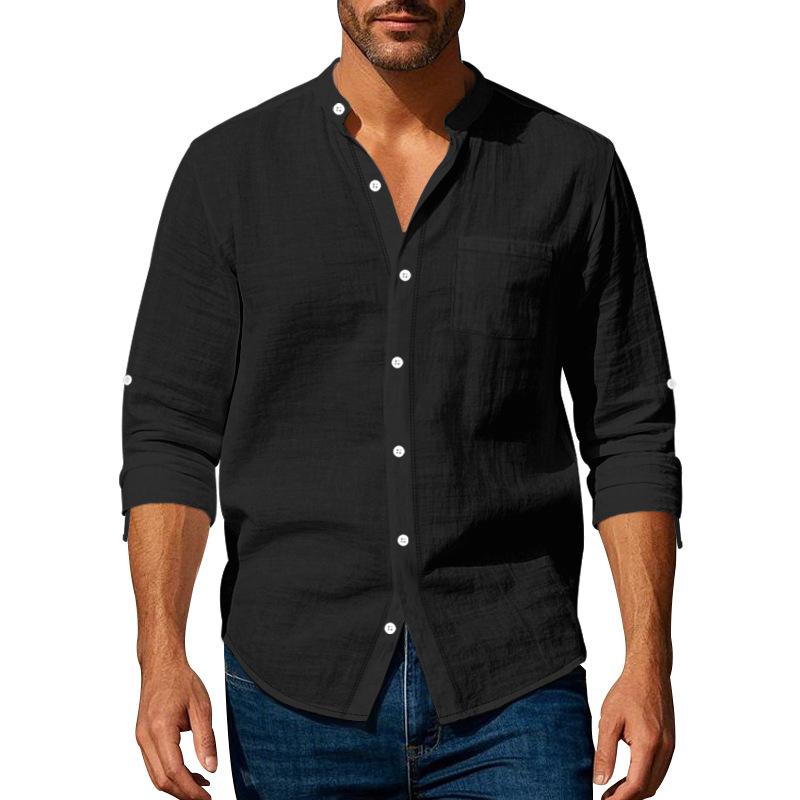 Summer Casual Shirts Men's Solid Color Long Sleeved Linen Shirts Stand Collar Breathable Shirts with Pockets