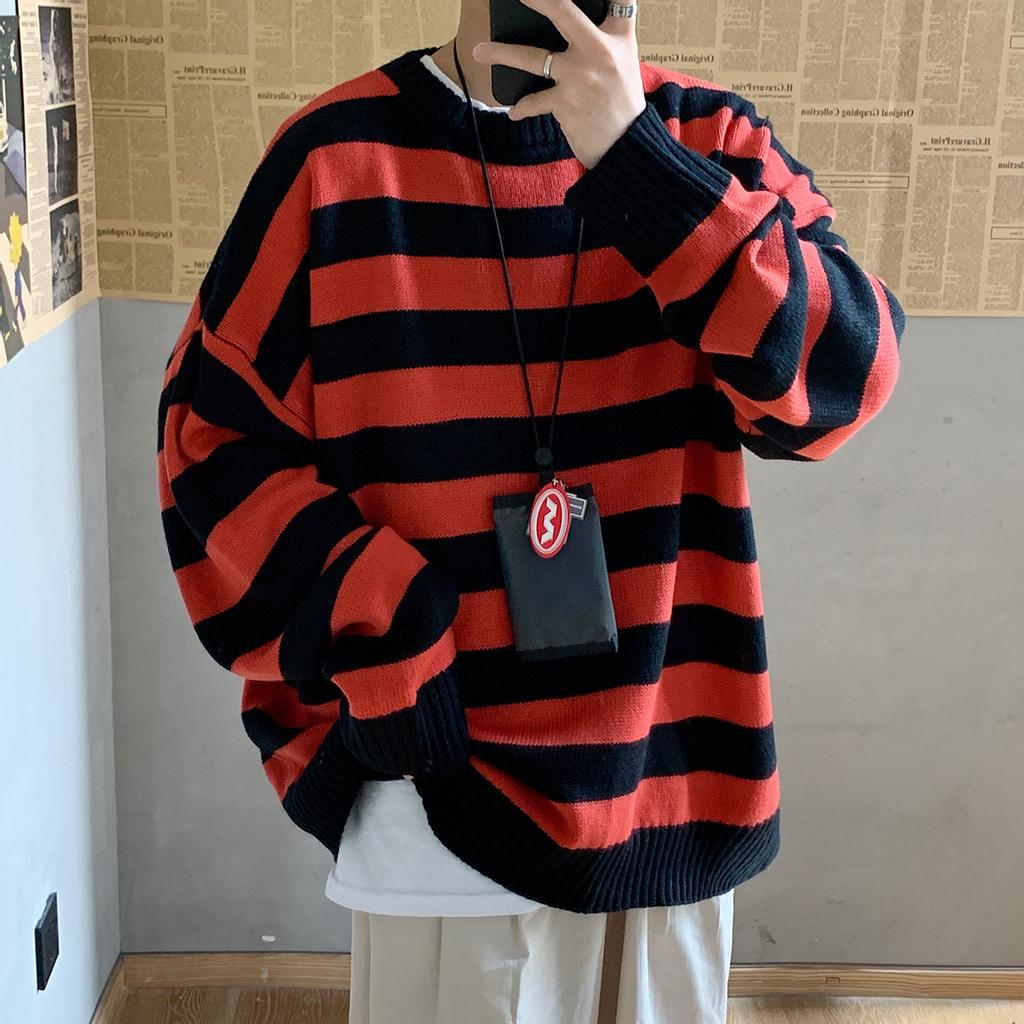 Pull rayé décontracté à la mode pour hommes, pull ample à col rond en tricot pour Couple, automne et hiver