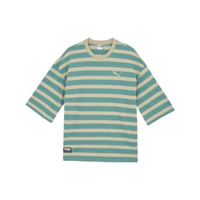 Puma Casual Striped Round Neck Loose Fit Printed Short Sleeve T-Shirt Unisex Tops Mineral-Blue 539530-50