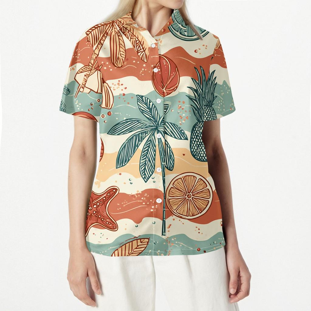 Women's Hawaiian Print Short Sleeve Button Down Shirt, Casual Summer Top