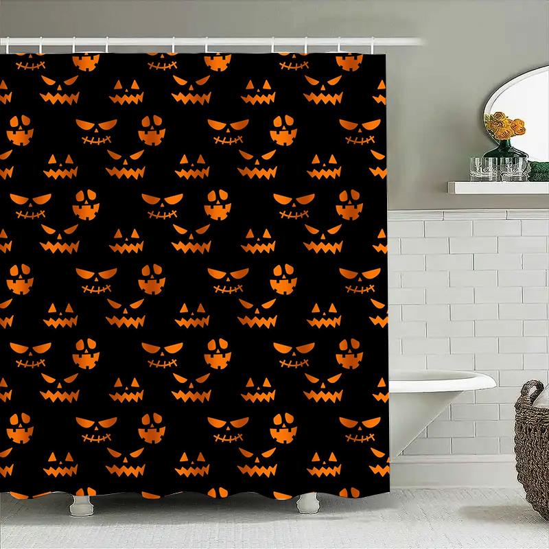 Vattentät Duschdraperi med Halloween-tema med Spöklika Jack-o'-Lanterns på Svart Bakgrund Perfekt För Att Skapa En Festlig