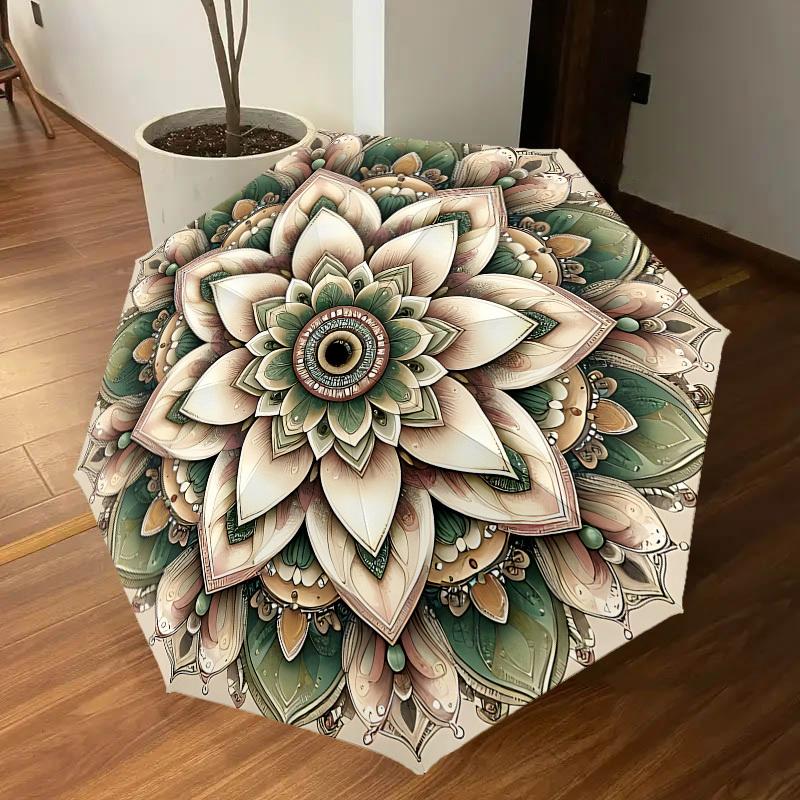 1PC Lotus Mandala Umbrella-8-Rib Reinforced, Automatic Open, Lightweight & Durable, Cute Fashion Accessory for Outdoor, Beach, or Casual Use, Beach Um