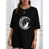 White T-Shirt With Cat And Moon Print For Casual Wear