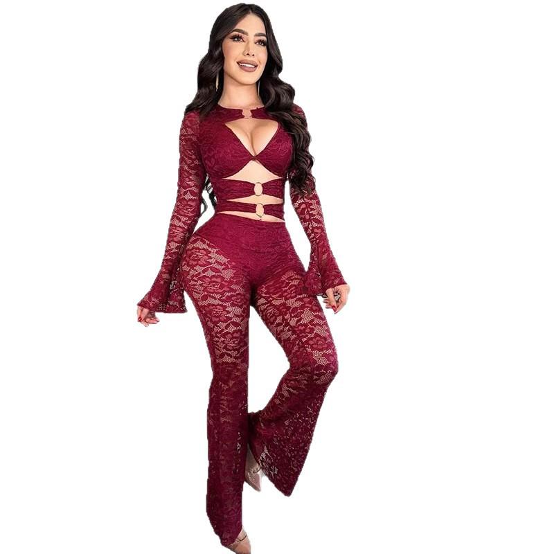 2025 Fall/Winter European American Style Long Sleeve Hollow Out Buckle Top & Sexy Lace Pants Set