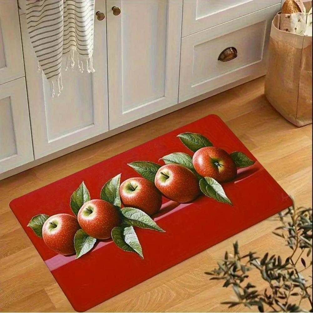 Red Apple Leaves Fruit Pattern Kitchen Rug 2D Flat Print Non-Slip Washable Floor Mat for Bathroom Bedroom Living Room Decor