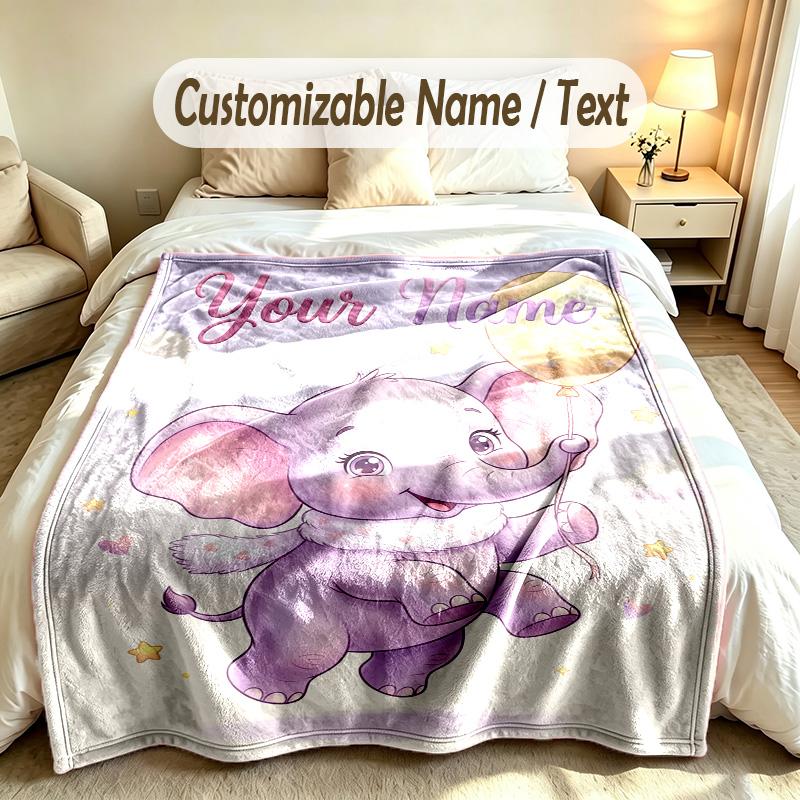 Elephant Theme Soft Blanket Personalized Custom Name Text Print Warm Blanket Home Sofa Bedroom Decor