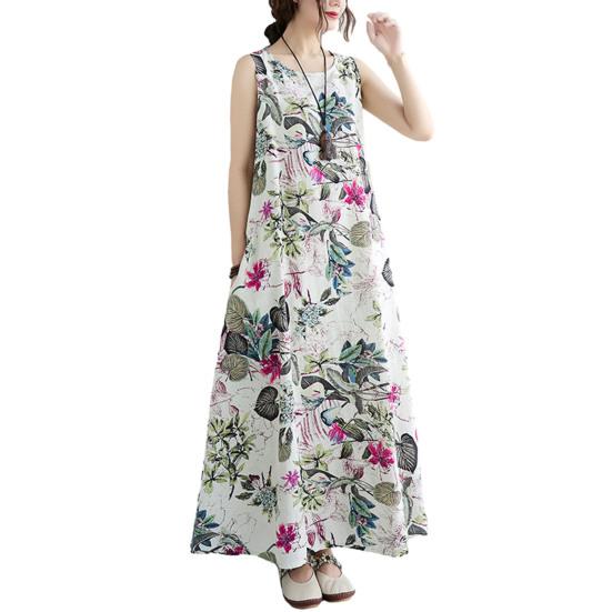 Summer O-Neck Sleeveless Lady Maxi Dress Floral Print Oversized Loose Hem Holiday Long Dress Female Clothing