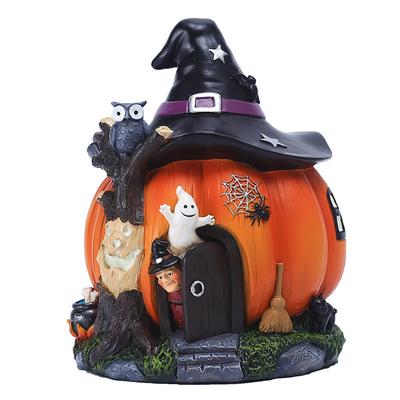 Halloween Witch Pumpkin House Figurine Luminous Resin Pumpkin Statue Crafts Desktop Ornament