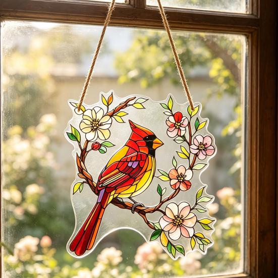 Durable Wall Hanging 1/2Pcs Acrylic Red Bird Decoration, Standing On Flower Ornament Branch Ornament, Indoor Outdoor Window