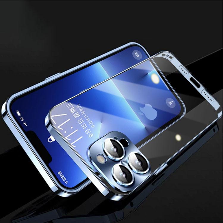 Capa de telefone de armação de metal de luxo para iPhone 14 13 12 Pro Max, capa de vidro com lente completa, capa traseira transparente